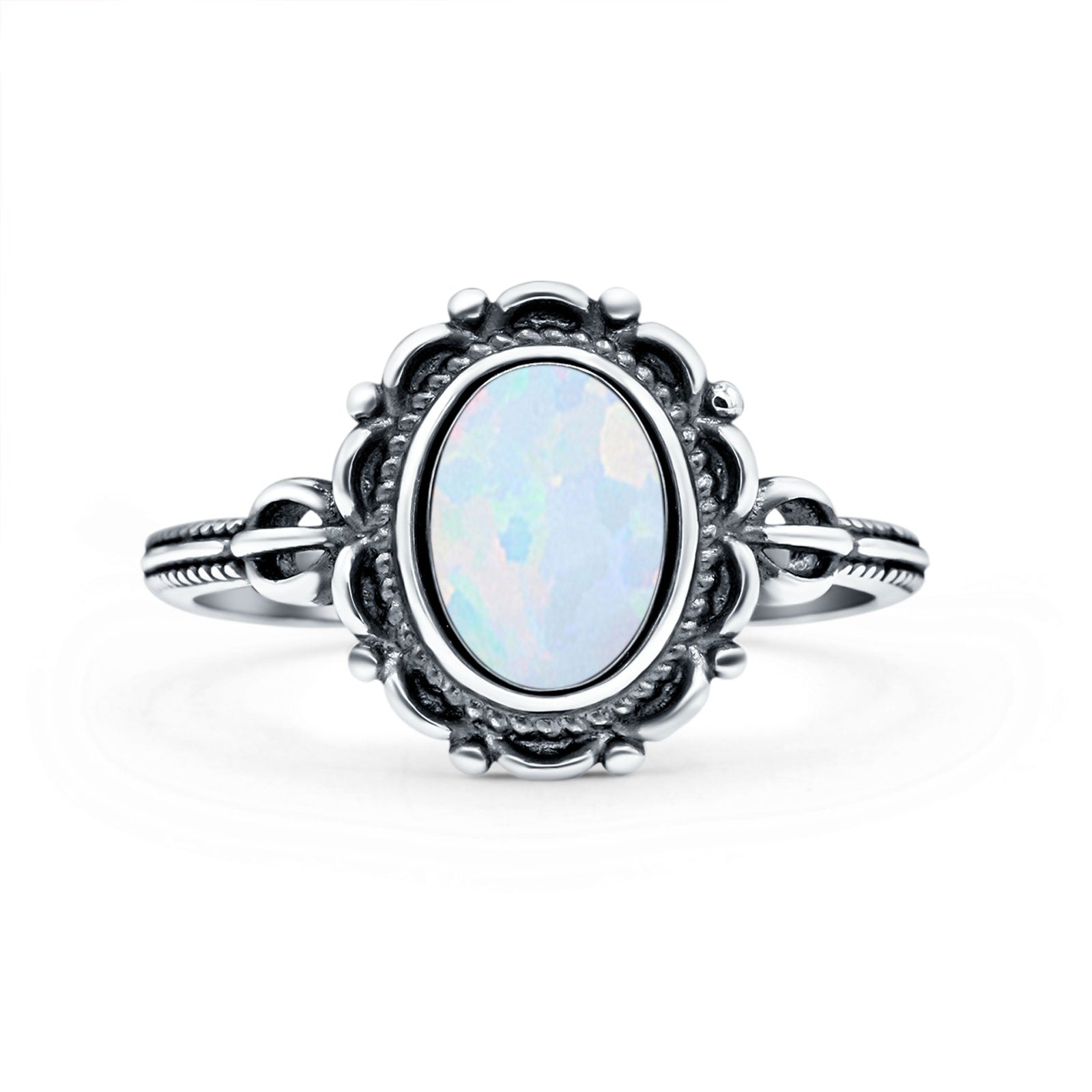 Vintage Style Petite Dainty Lab Opal Ring Solid Oval Oxidized 925 Sterling Silver