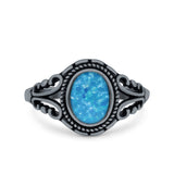 Filigree Vintage Style Oval Lab Opal Ring Solid Oxidized 925 Sterling Silver