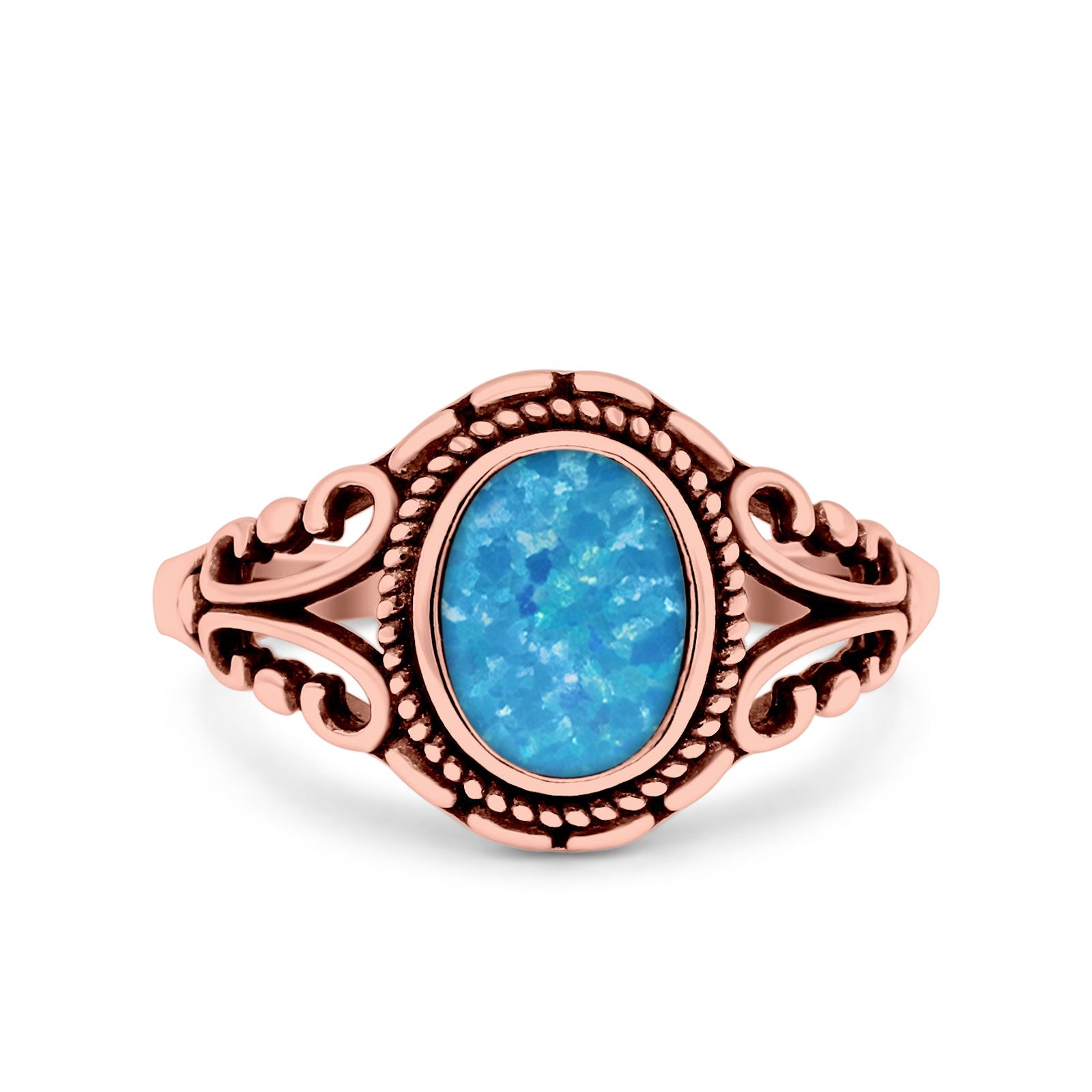 Filigree Vintage Style Oval Lab Opal Ring Solid Oxidized 925 Sterling Silver