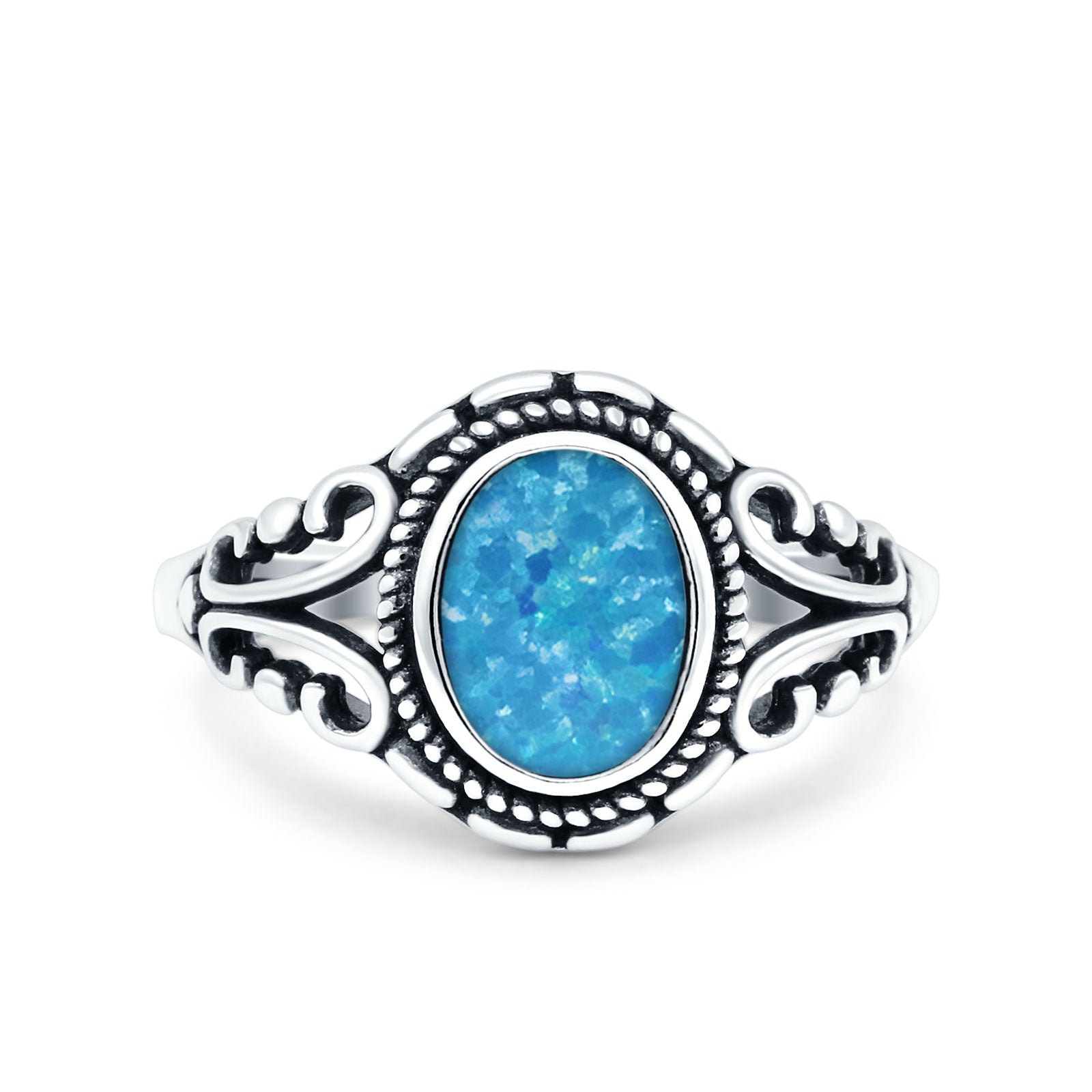 Filigree Vintage Style Oval Lab Opal Ring Solid Oxidized 925 Sterling Silver