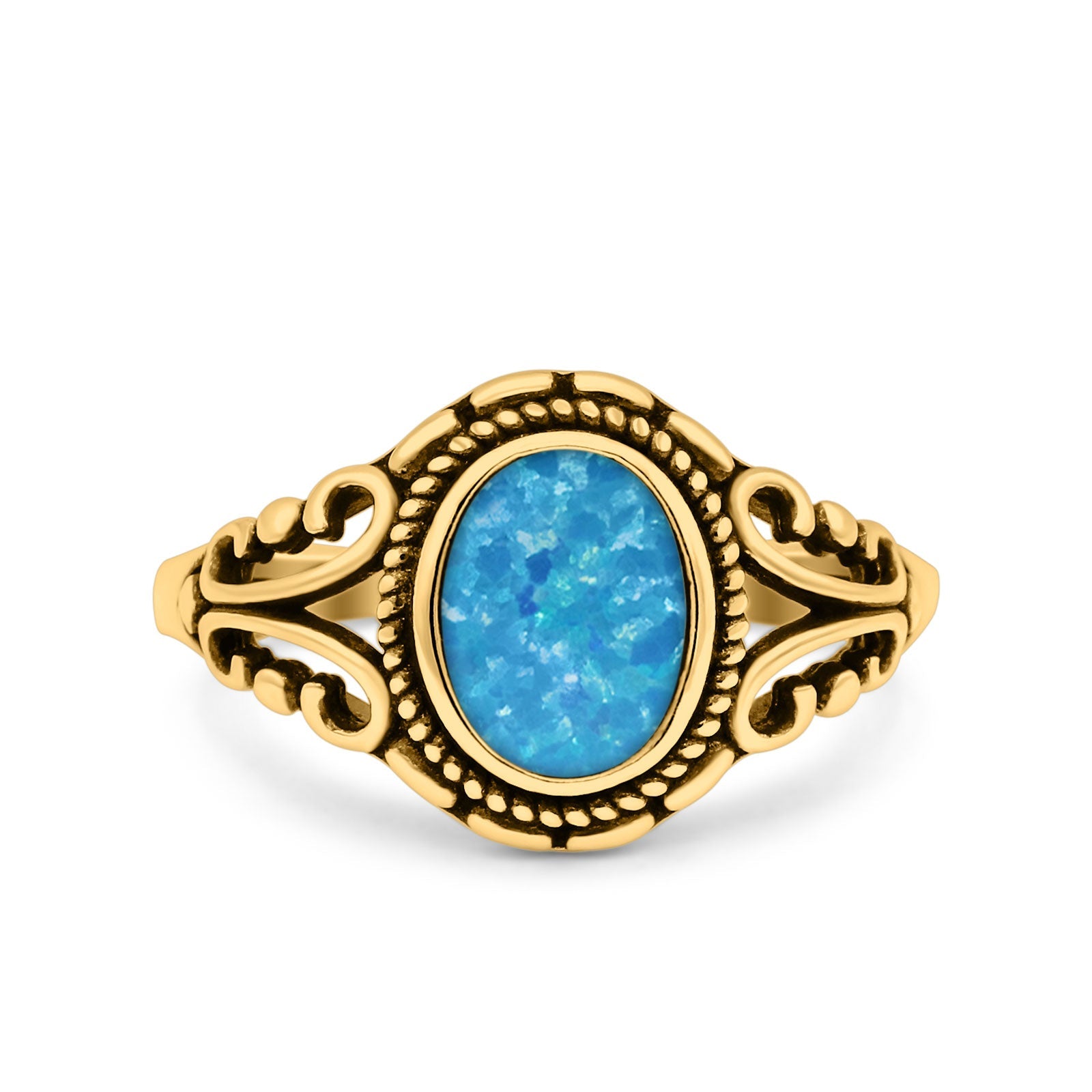 Filigree Vintage Style Oval Lab Opal Ring Solid Oxidized 925 Sterling Silver