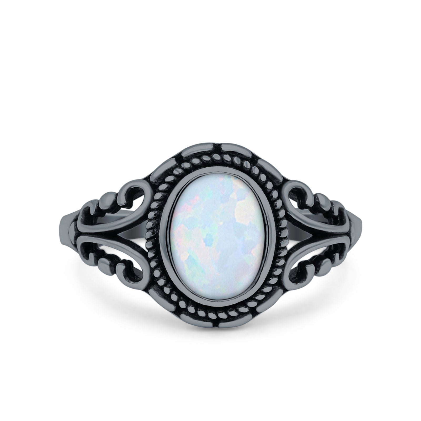 Filigree Vintage Style Oval Lab Opal Ring Solid Oxidized 925 Sterling Silver