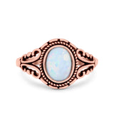 Filigree Vintage Style Oval Lab Opal Ring Solid Oxidized 925 Sterling Silver