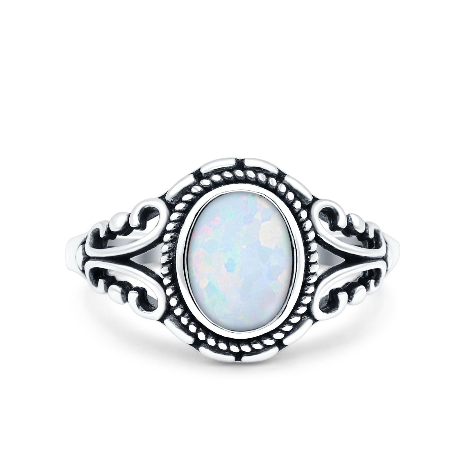 Filigree Vintage Style Oval Lab Opal Ring Solid Oxidized 925 Sterling Silver