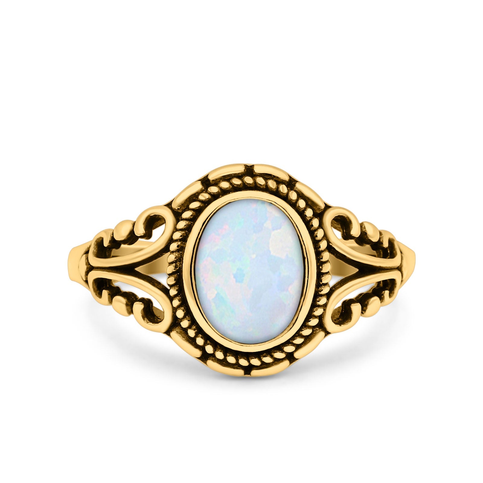 Filigree Vintage Style Oval Lab Opal Ring Solid Oxidized 925 Sterling Silver