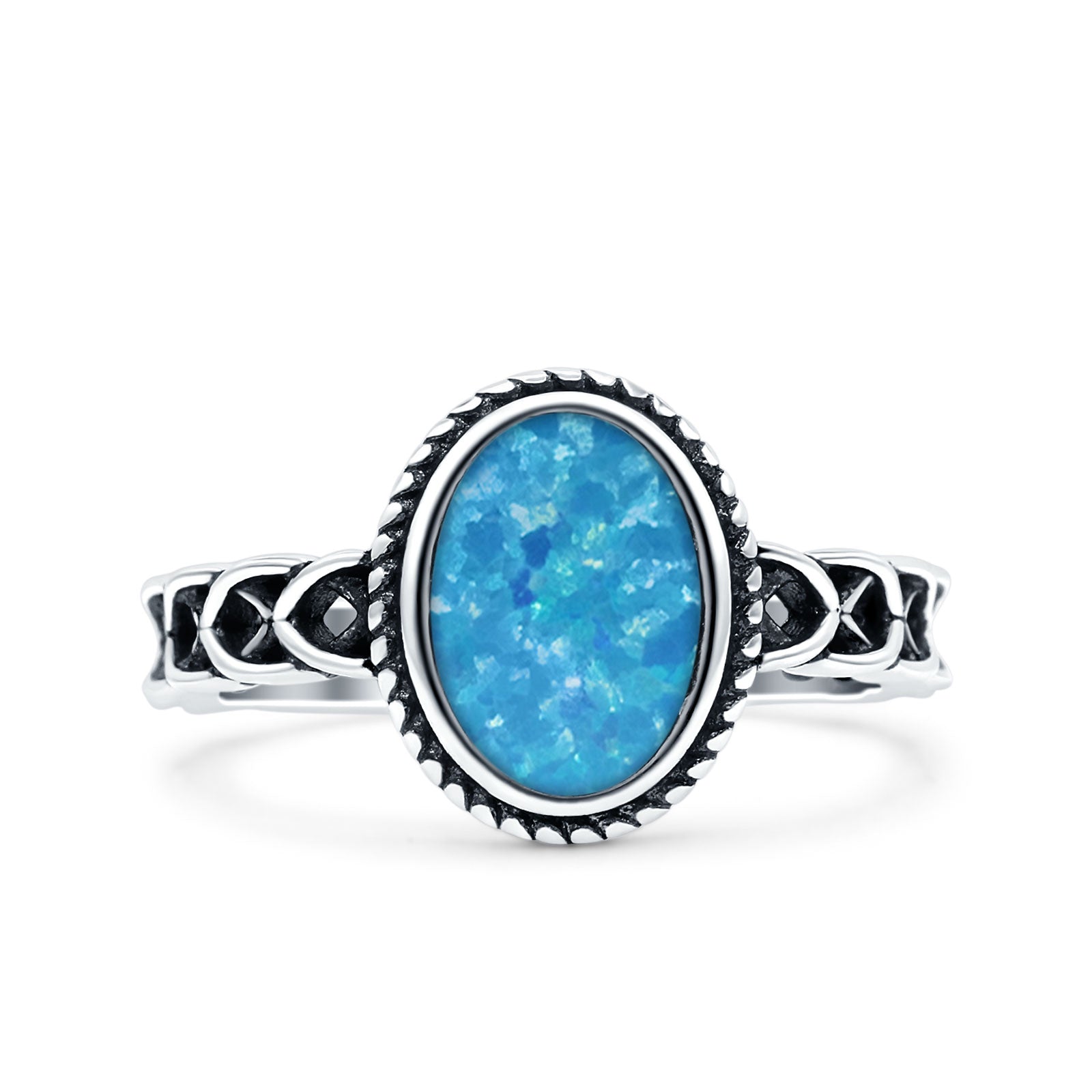 Petite Dainty Cross Vintage Style Lab Opal Ring Solid Oval Oxidized 925 Sterling Silver