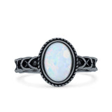 Petite Dainty Cross Vintage Style Lab Opal Ring Solid Oval Oxidized 925 Sterling Silver