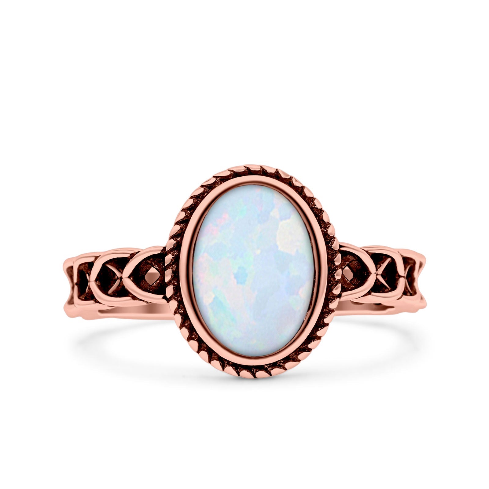 Petite Dainty Cross Vintage Style Lab Opal Ring Solid Oval Oxidized 925 Sterling Silver