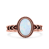 Petite Dainty Cross Vintage Style Lab Opal Ring Solid Oval Oxidized 925 Sterling Silver