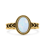 Petite Dainty Cross Vintage Style Lab Opal Ring Solid Oval Oxidized 925 Sterling Silver