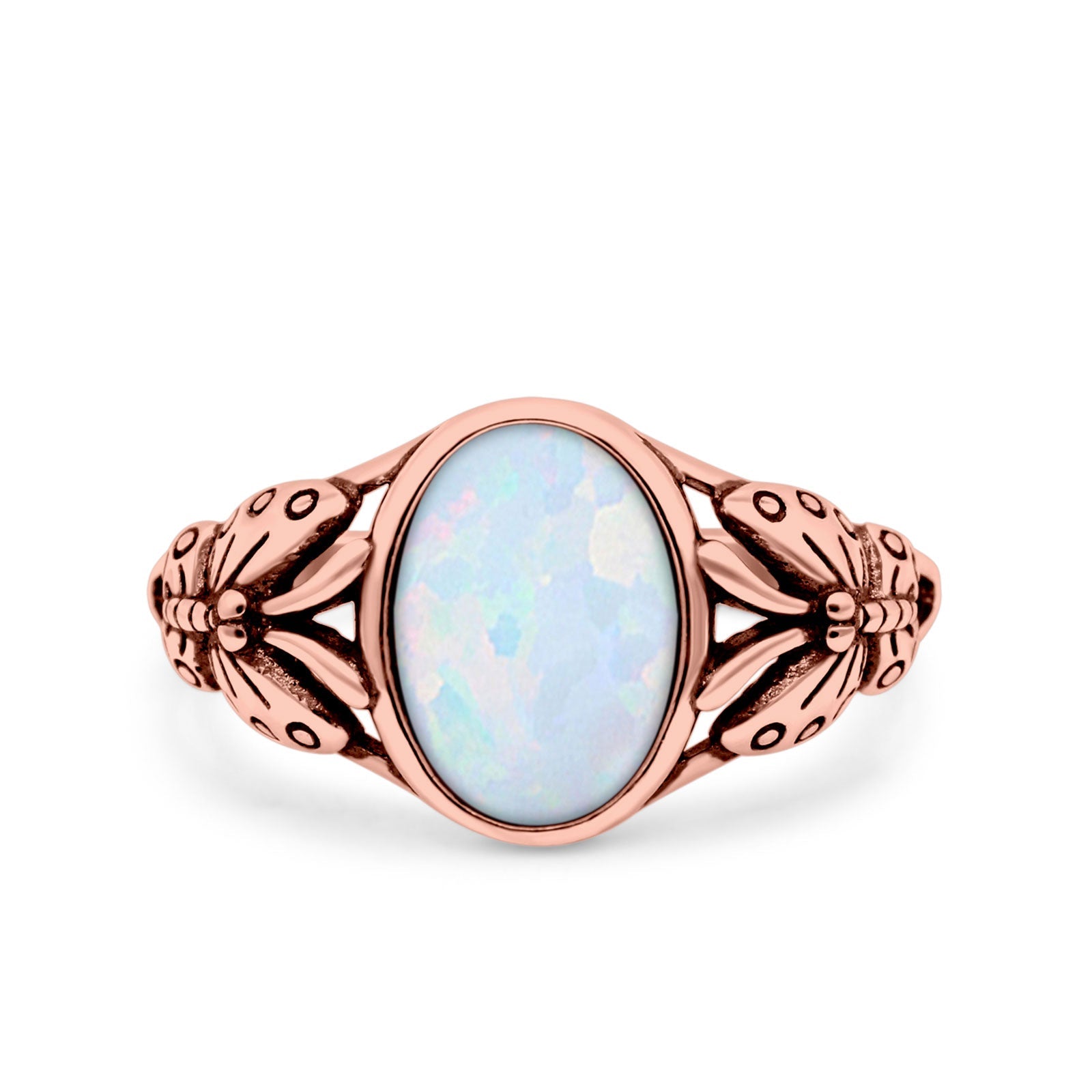 Petite Dainty Butterfly Lab Opal Ring Solid Oval Oxidized 925 Sterling Silver