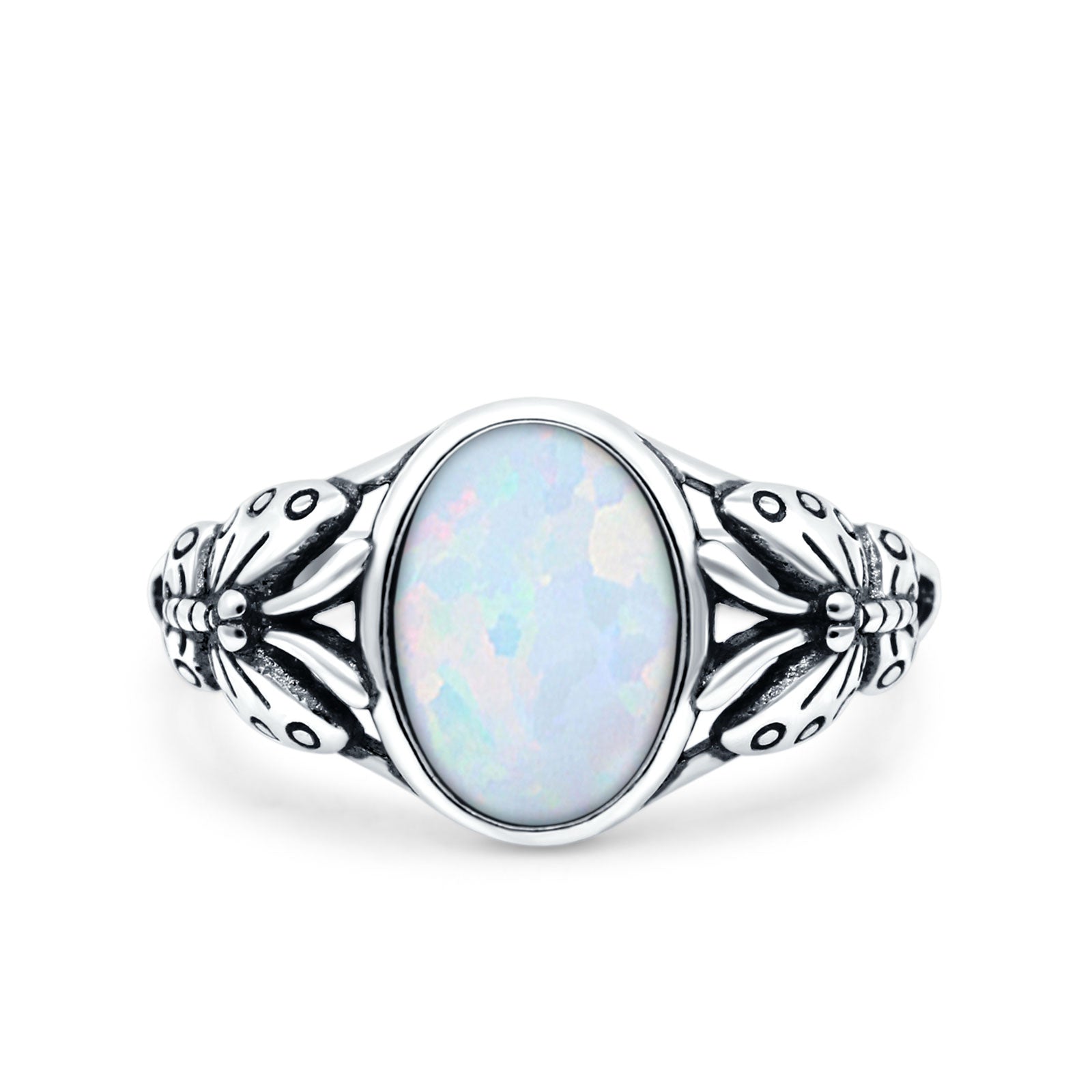 Petite Dainty Butterfly Lab Opal Ring Solid Oval Oxidized 925 Sterling Silver