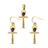Cross Jewelry Matching Set Pendant Earring Round Simulated Black Onyx 925 Sterling Silver