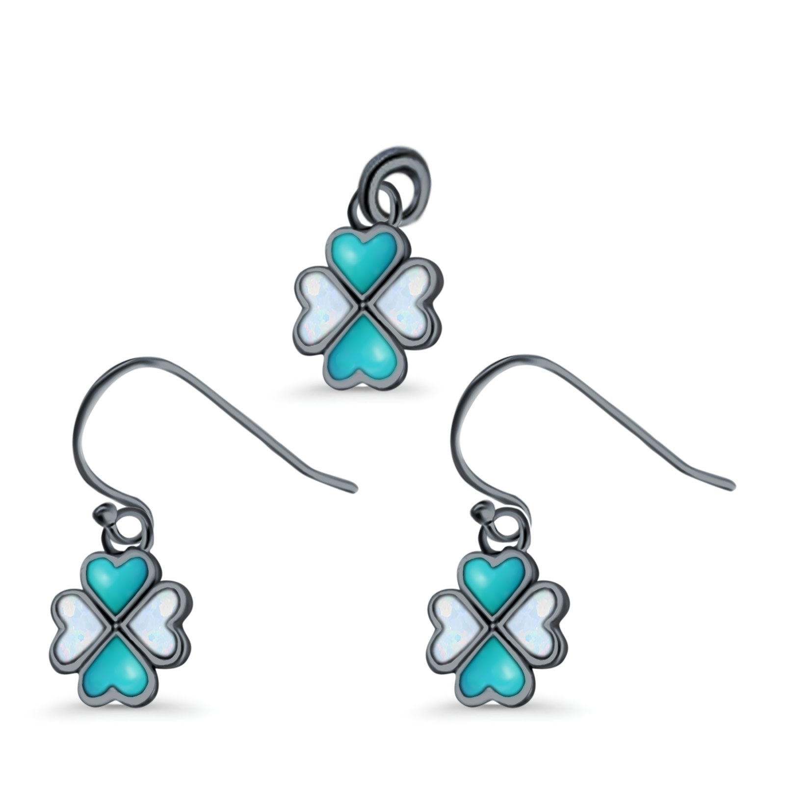 Clover Jewelry Matching Set Pendant Drop Dangle Earring Heart Created Opal 925 Sterling Silver