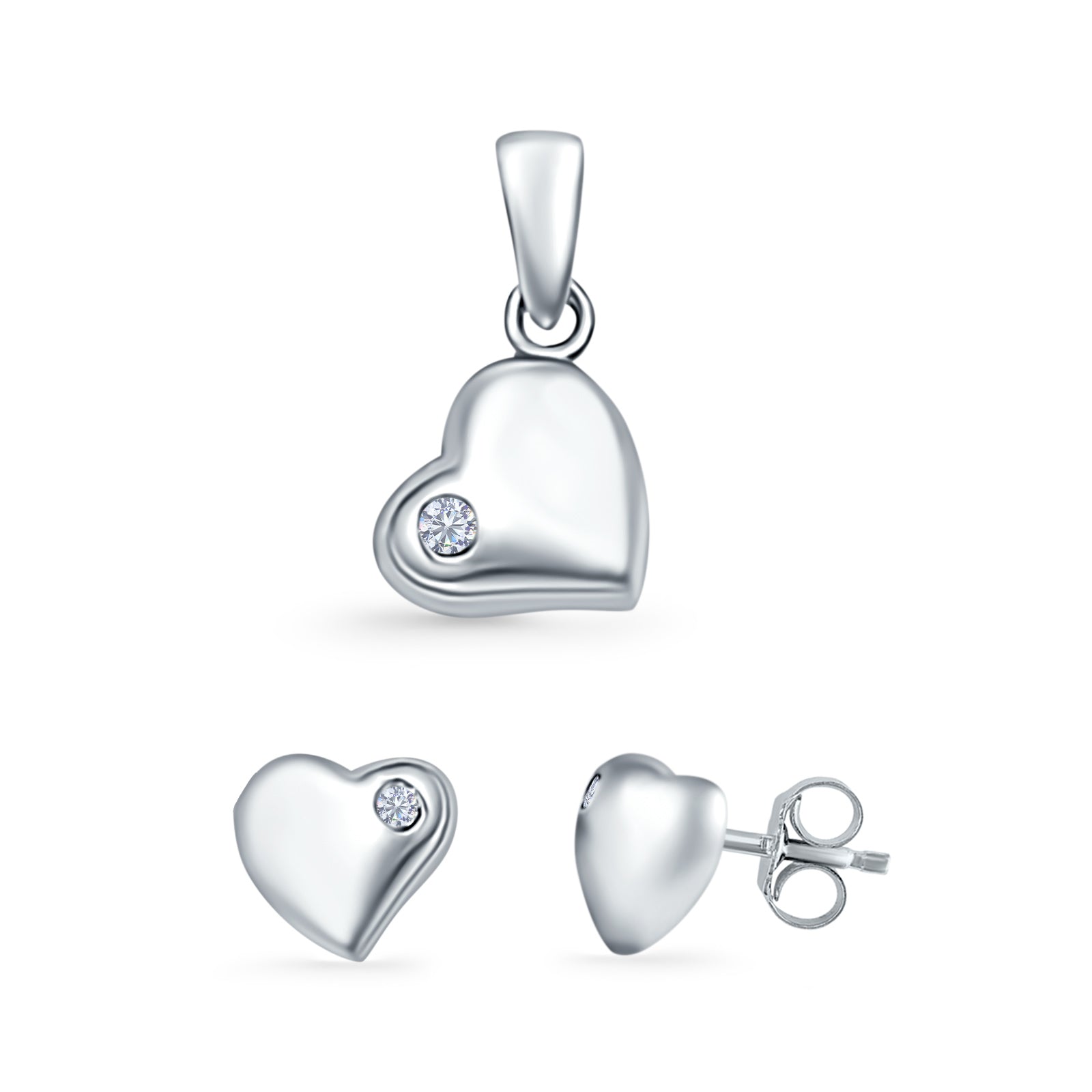 Heart Jewelry Matching Set Pendant Earring Round Simulated Cubic Zirconia 925 Sterling Silver