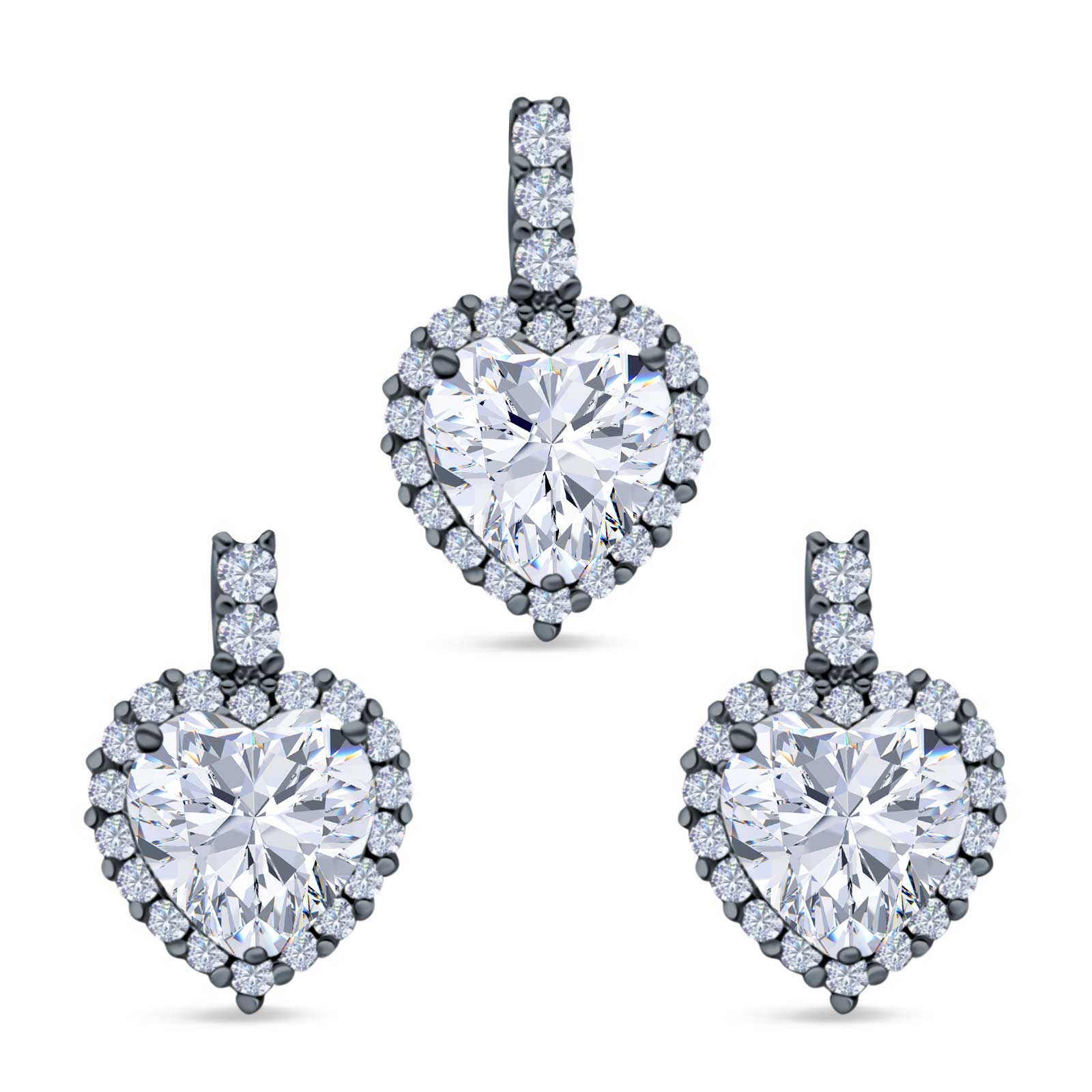 Halo Jewelry Matching Set Pendant Earring Heart Simulated Cubic Zirconia 925 Sterling Silver