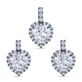 Halo Jewelry Matching Set Pendant Earring Heart Simulated Cubic Zirconia 925 Sterling Silver