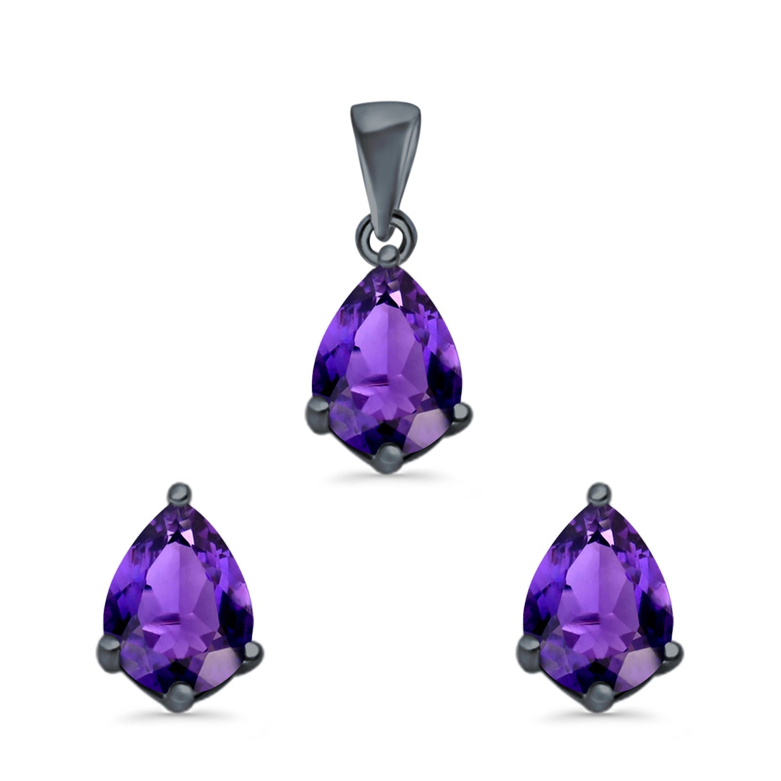 Art Deco Bridal Jewelry Matching Set Pendant Earring Pear Simulated Cubic Zirconia 925 Sterling Silver
