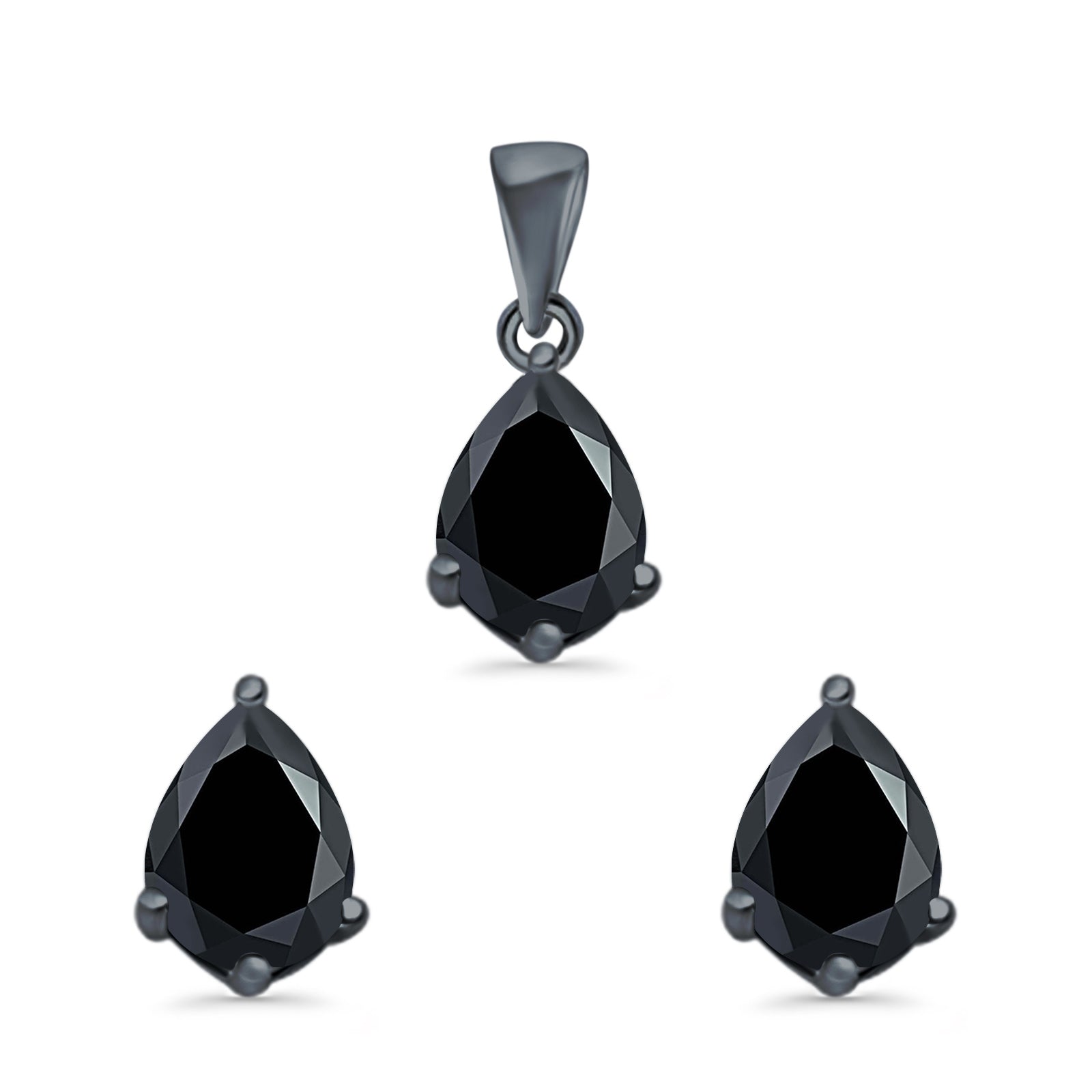 Art Deco Bridal Jewelry Matching Set Pendant Earring Pear Simulated Cubic Zirconia 925 Sterling Silver