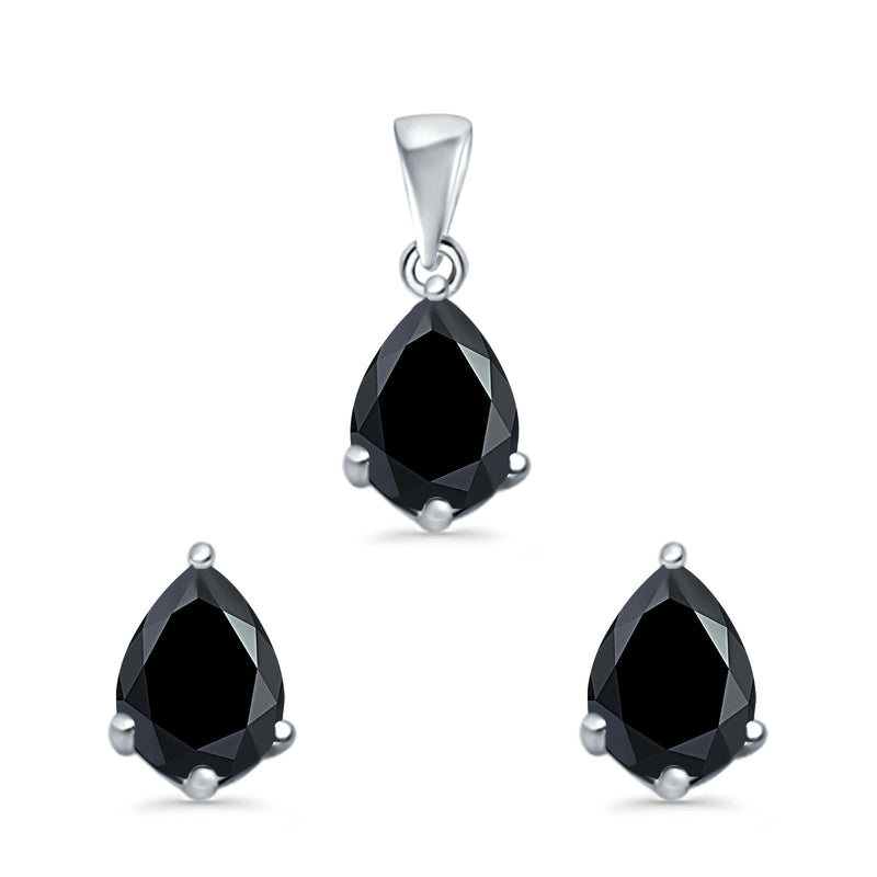 Art Deco Bridal Jewelry Matching Set Pendant Earring Pear Simulated Cubic Zirconia 925 Sterling Silver