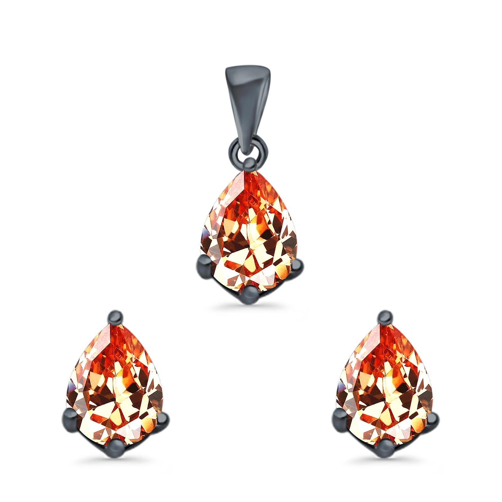 Art Deco Bridal Jewelry Matching Set Pendant Earring Pear Simulated Cubic Zirconia 925 Sterling Silver