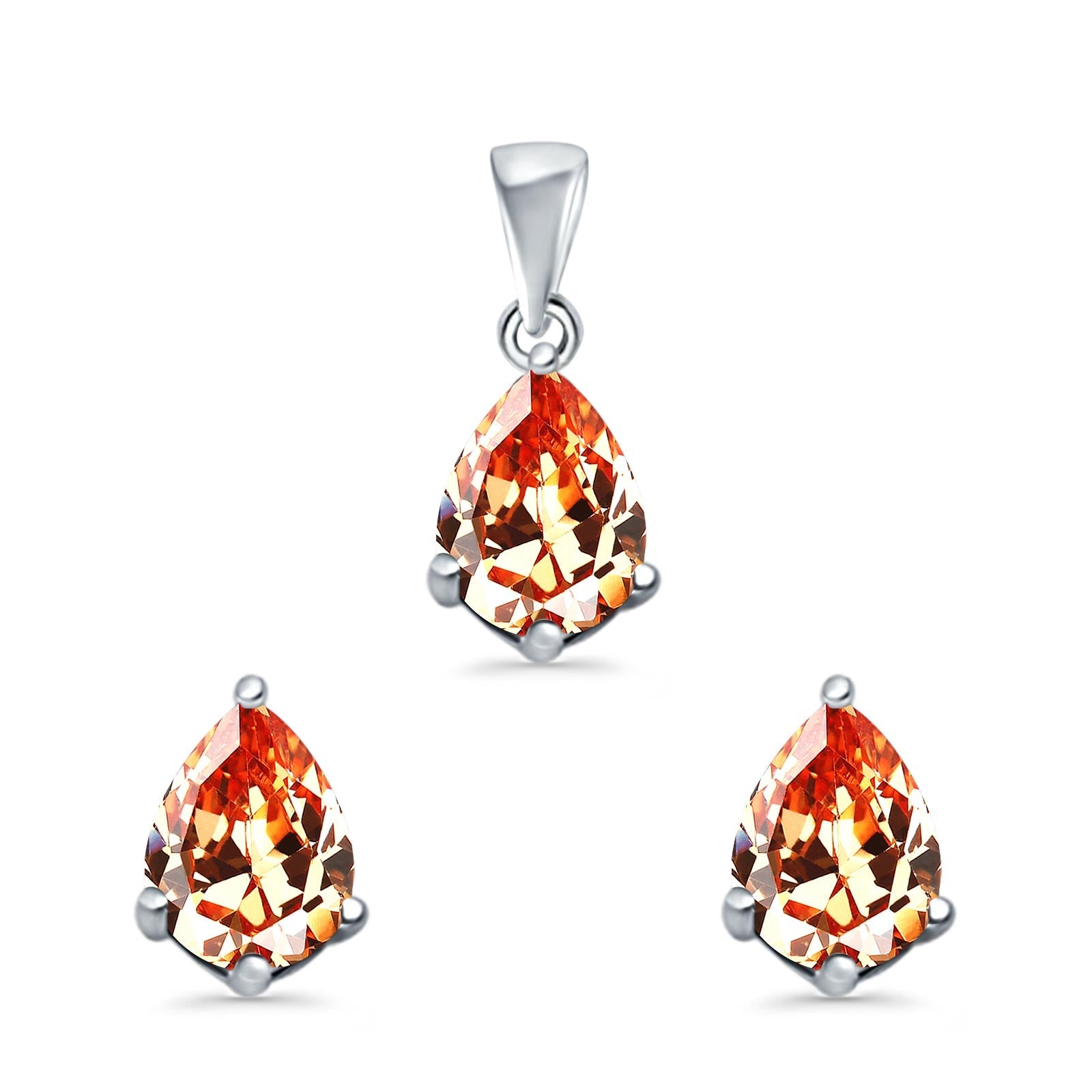 Art Deco Bridal Jewelry Matching Set Pendant Earring Pear Simulated Cubic Zirconia 925 Sterling Silver