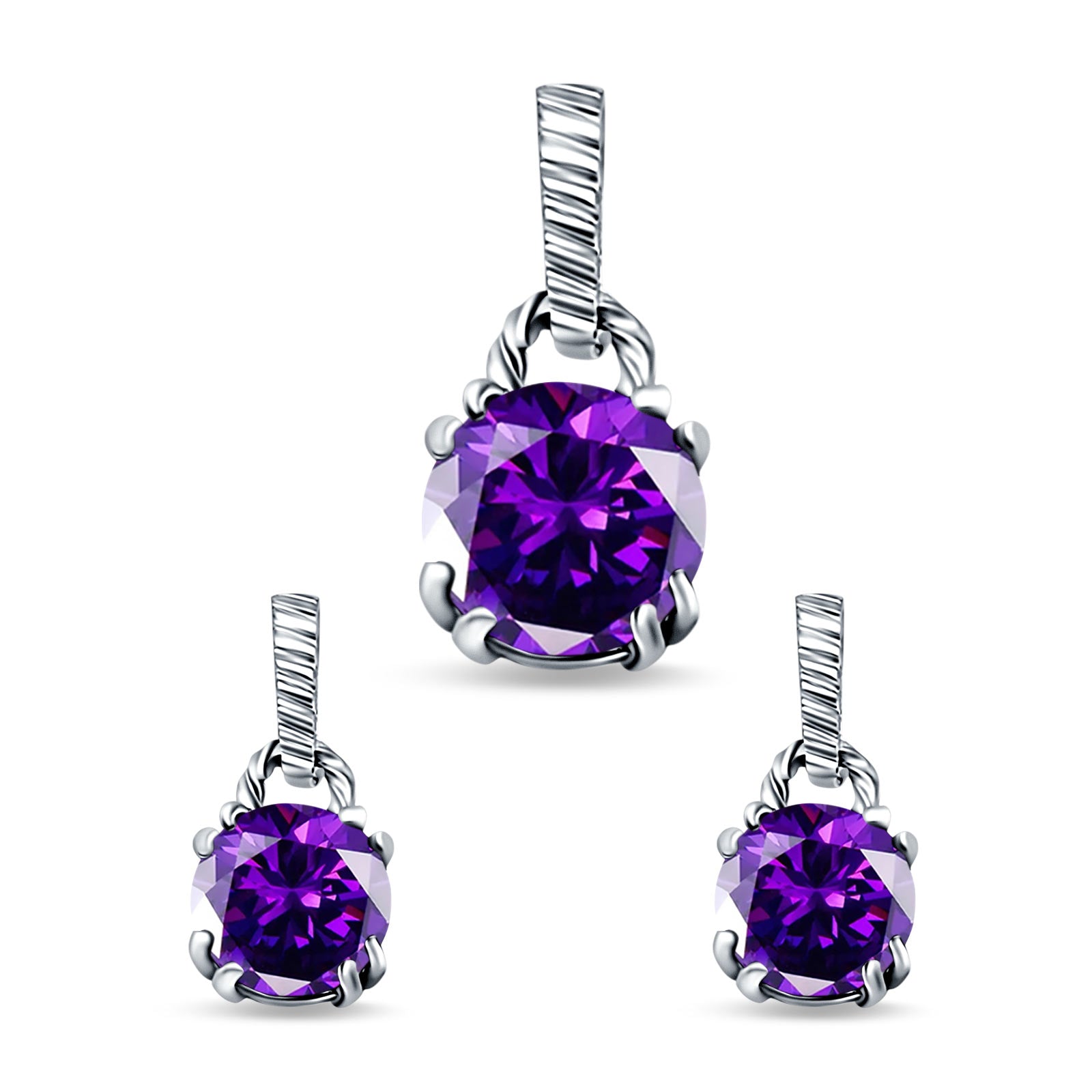 Jewelry Matching Set Pendant Earring Round Simulated Cubic Zirconia 925 Sterling Silver