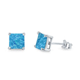 Halo Stud Earrings Princess Cut Lab Created Opal 925 Sterling Silver 7mm