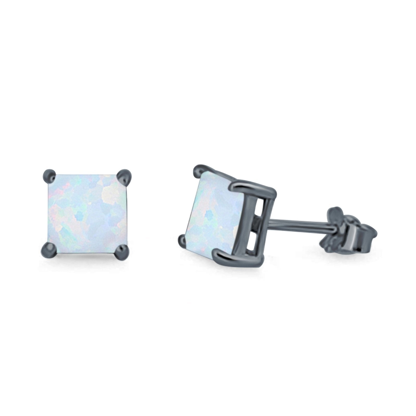 Halo Stud Earrings Princess Cut Lab Created Opal 925 Sterling Silver 7mm
