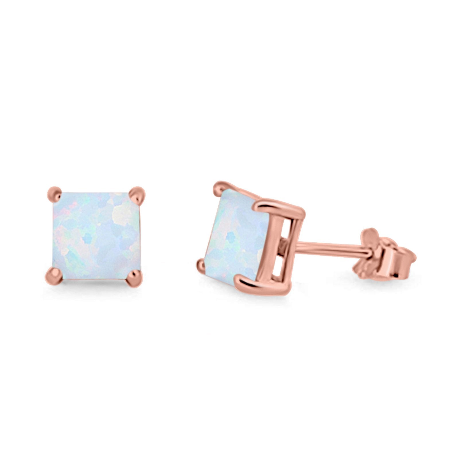 Halo Stud Earrings Princess Cut Lab Created Opal 925 Sterling Silver 7mm