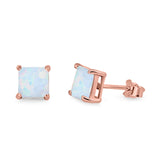 Halo Stud Earrings Princess Cut Lab Created Opal 925 Sterling Silver 7mm