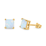 Halo Stud Earrings Princess Cut Lab Created Opal 925 Sterling Silver 7mm