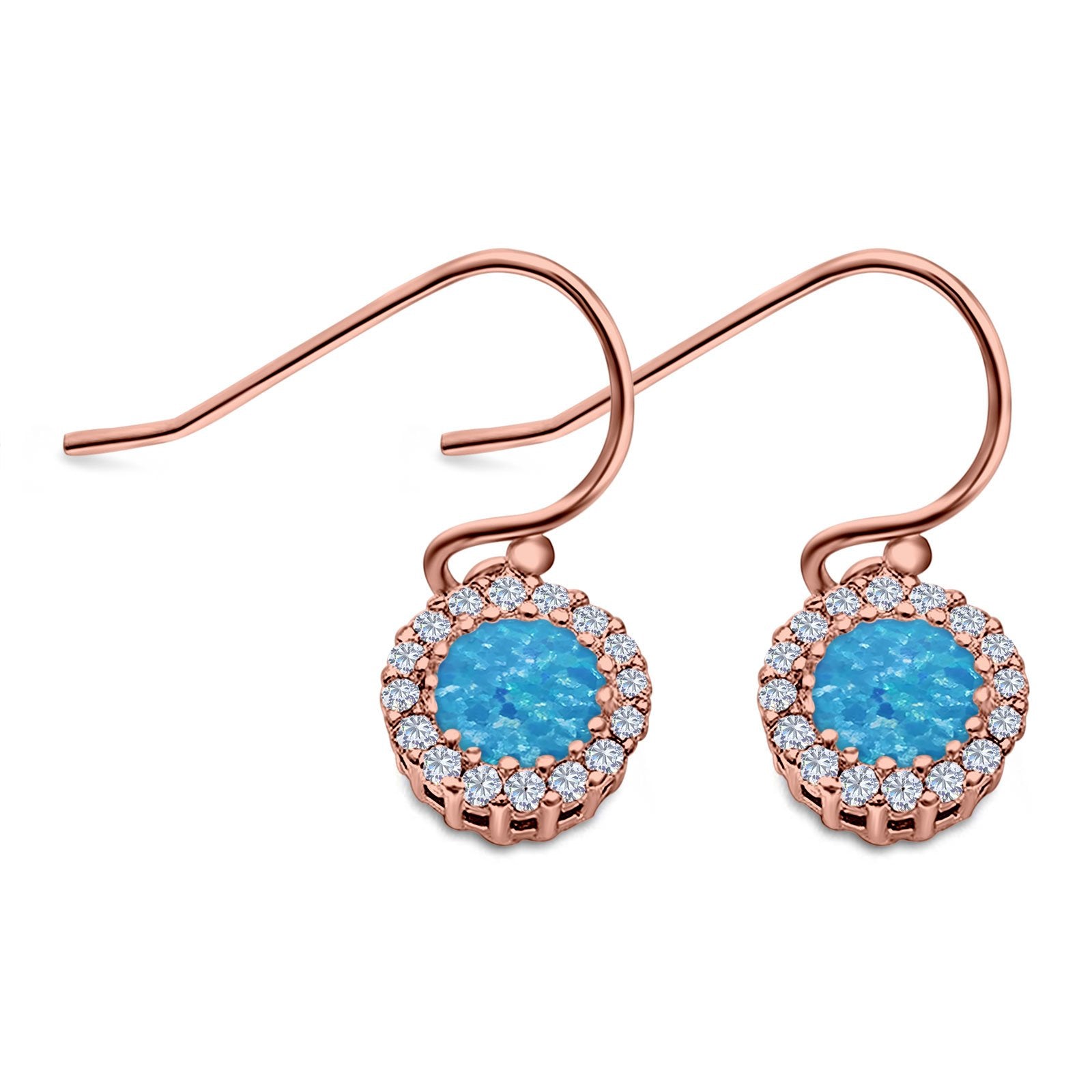 Halo Dangle Fish-Hook Earrings Lab Opal Round 925 Sterling Silver (21mm)