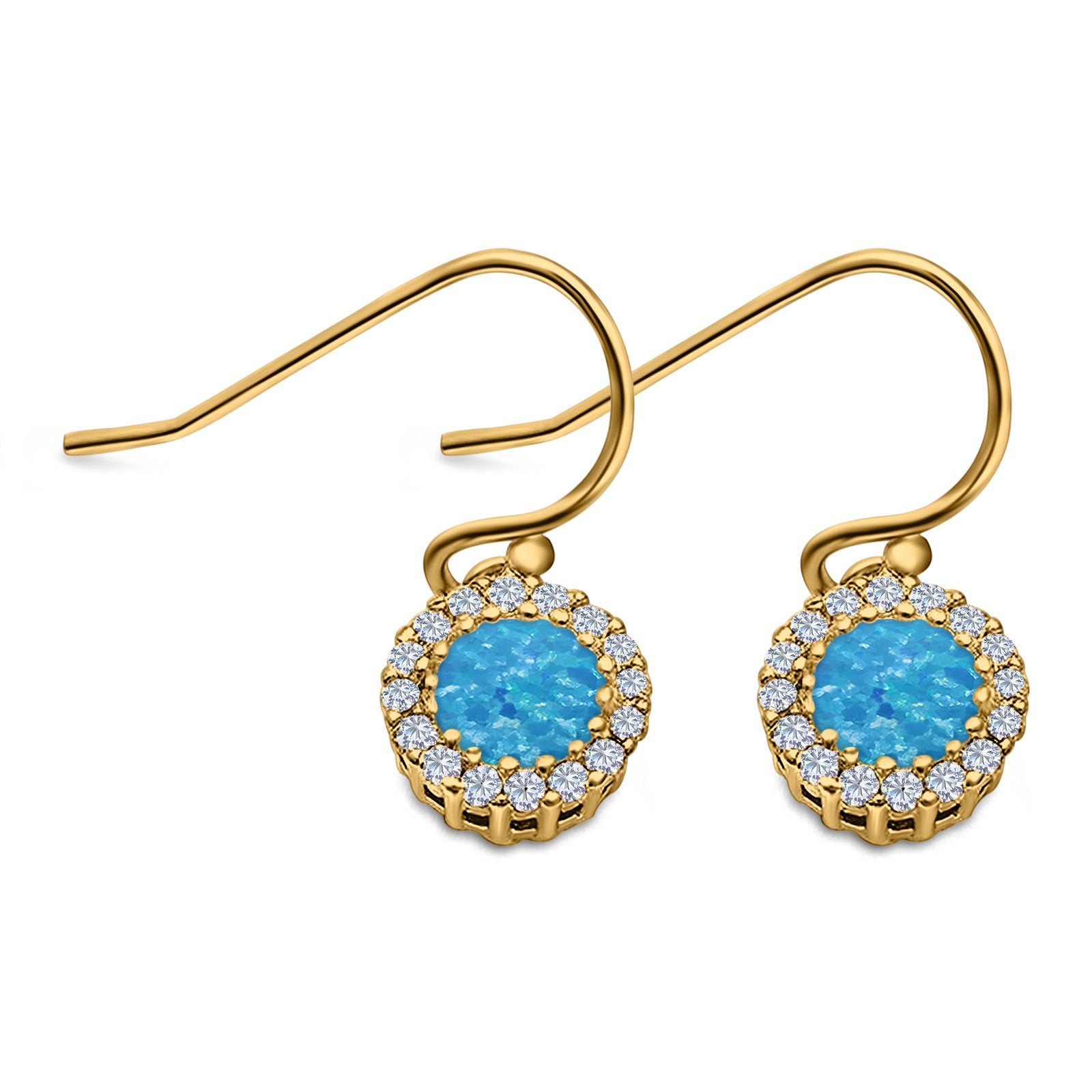 Halo Dangle Fish-Hook Earrings Lab Opal Round 925 Sterling Silver (21mm)