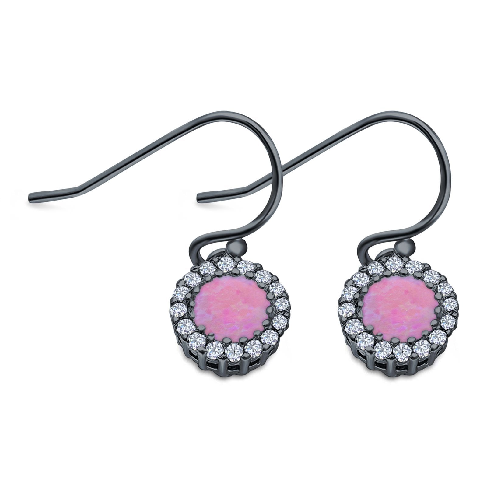 Halo Dangle Fish-Hook Earrings Lab Opal Round 925 Sterling Silver (21mm)