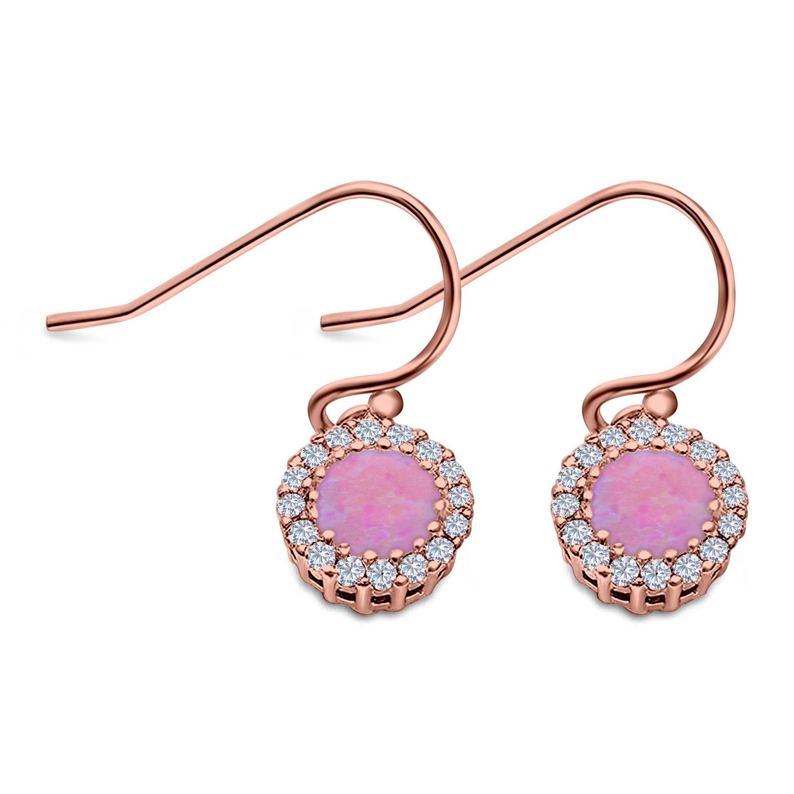 Halo Dangle Fish-Hook Earrings Lab Opal Round 925 Sterling Silver (21mm)