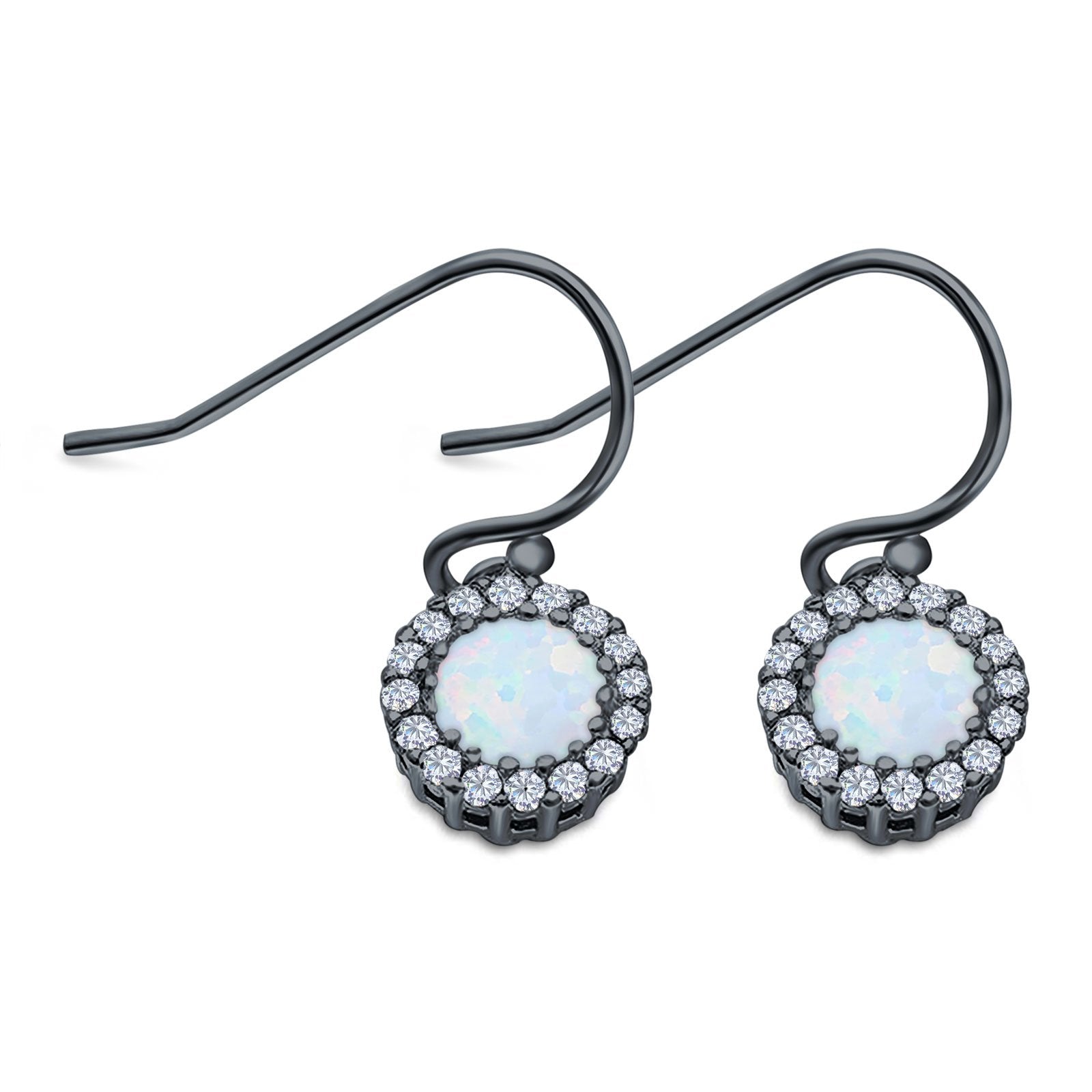 Halo Dangle Fish-Hook Earrings Lab Opal Round 925 Sterling Silver (21mm)