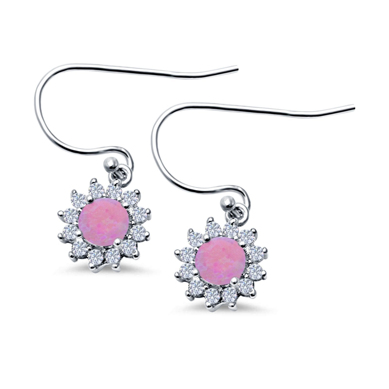 Drop Dangle Round Lab Opal Fish-Hook Earrings 925 Sterling Silver