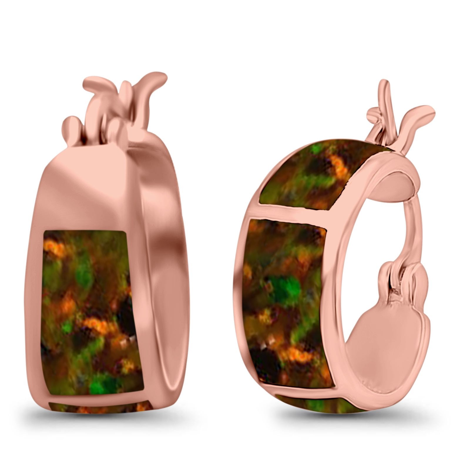 Hoop Huggies Earrings Irregular Shape Created Opal 925 Sterling Silver