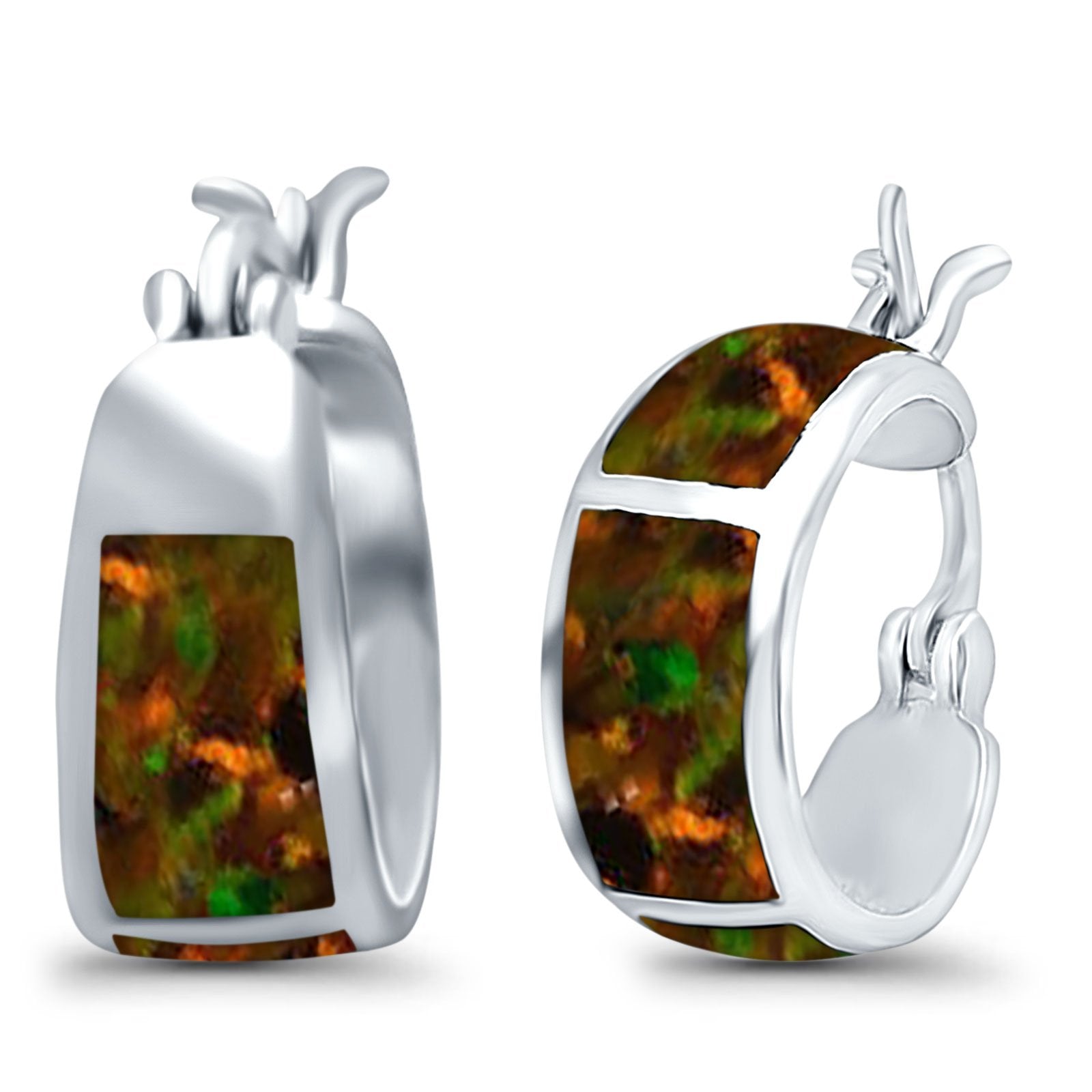 Hoop Huggies Earrings Irregular Shape Created Opal 925 Sterling Silver
