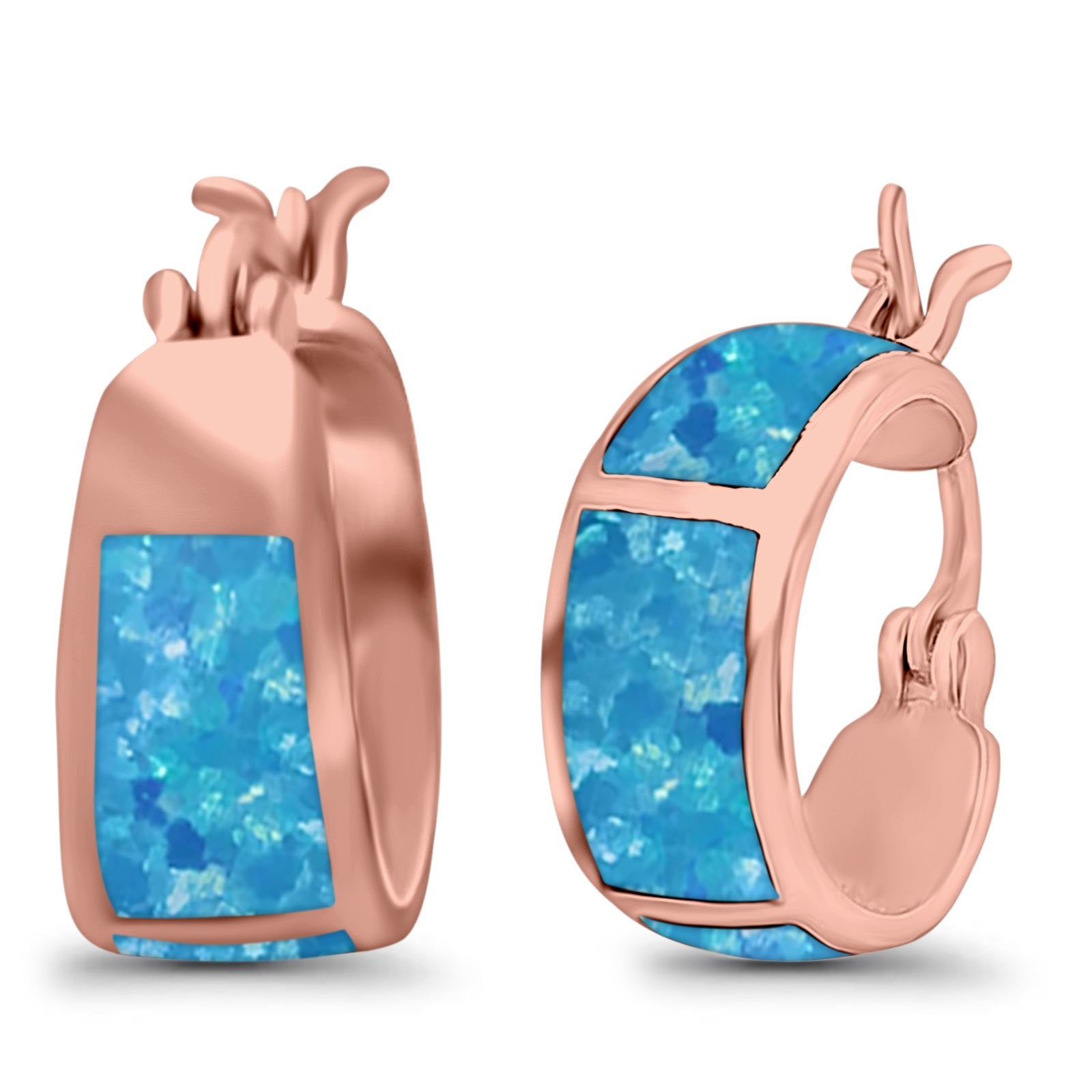 Hoop Huggies Earrings Irregular Shape Created Opal 925 Sterling Silver