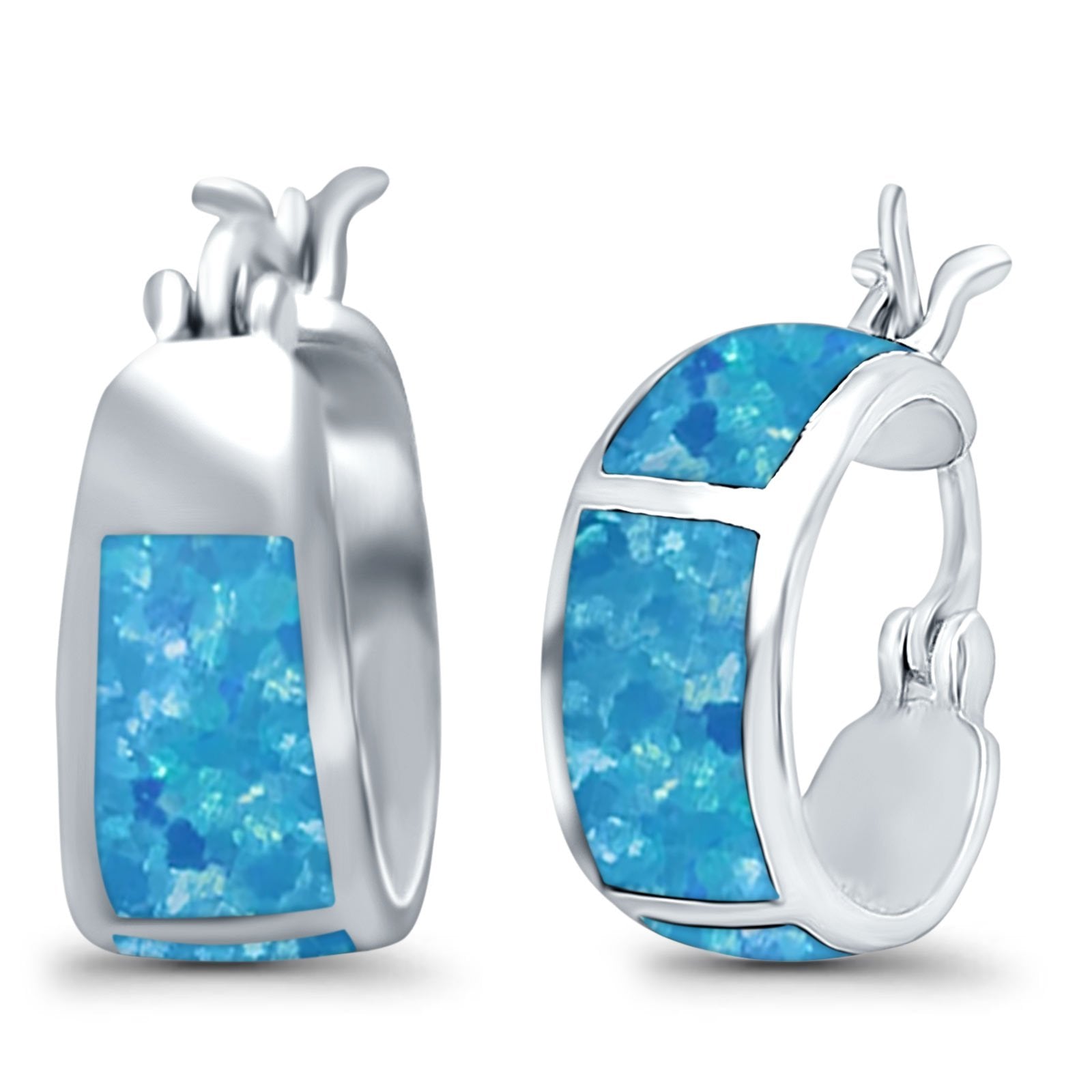Hoop Huggies Earrings Irregular Shape Created Opal 925 Sterling Silver