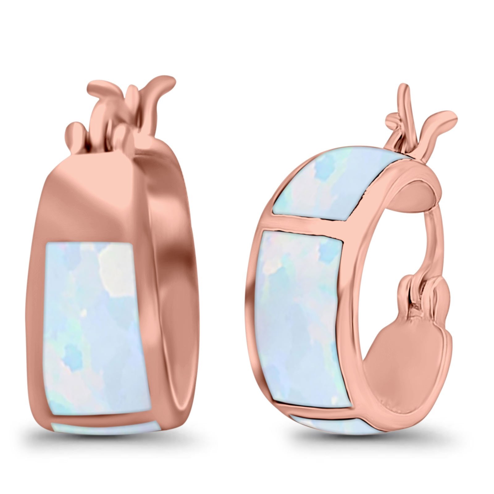 Hoop Huggies Earrings Irregular Shape Created Opal 925 Sterling Silver