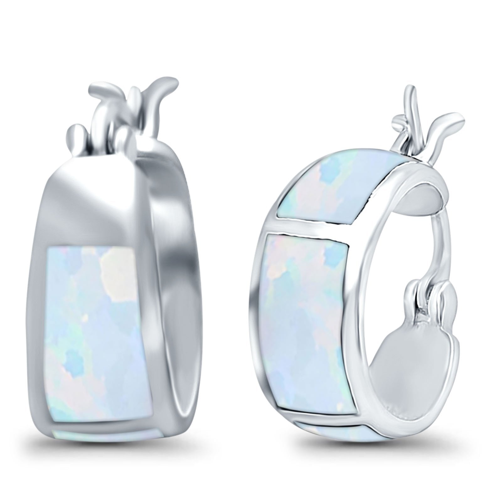 Hoop Huggies Earrings Irregular Shape Created Opal 925 Sterling Silver