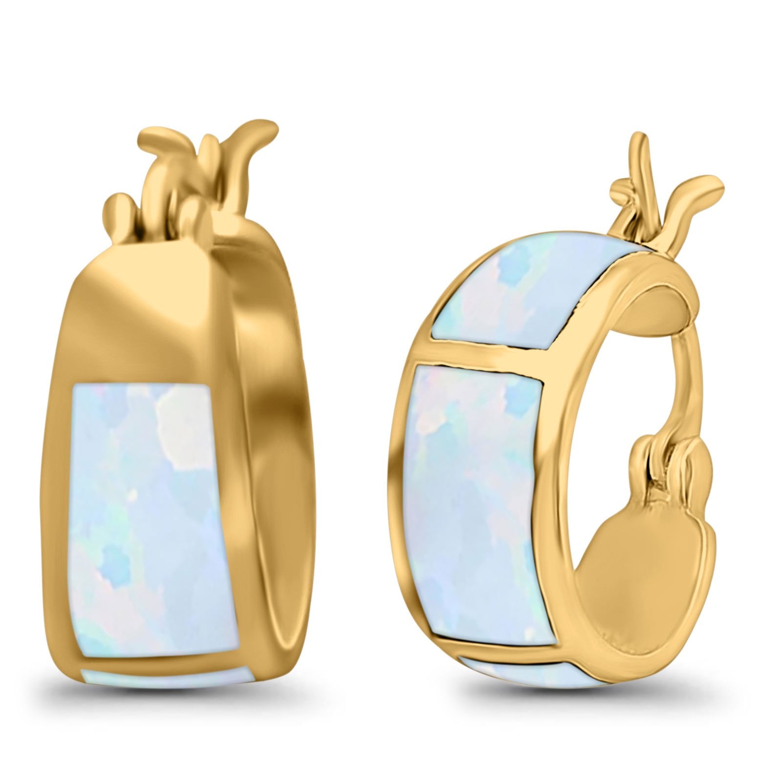 Hoop Huggies Earrings Irregular Shape Created Opal 925 Sterling Silver