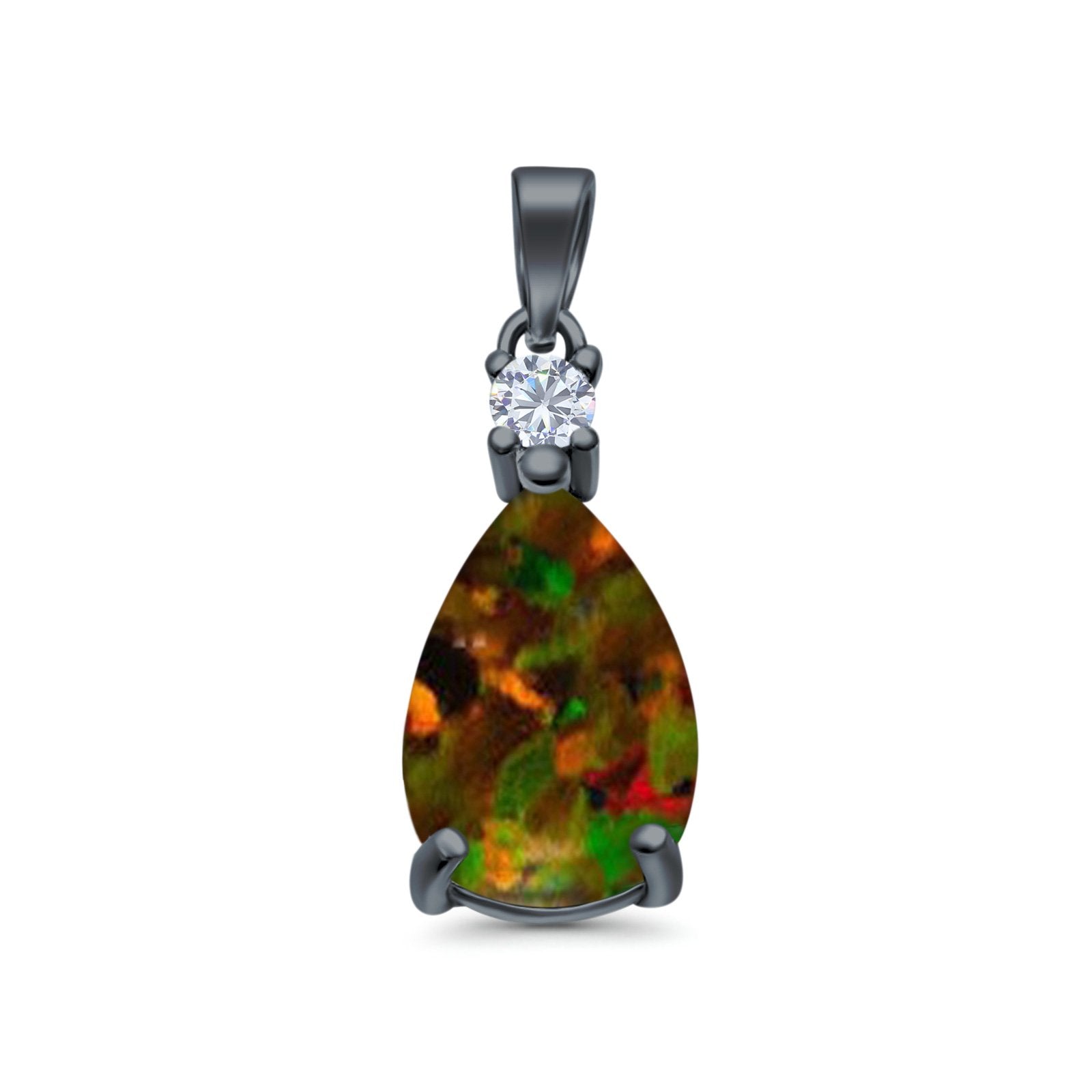 Pear Shape Lab Created Opal Simulated CZ 925 Sterling Silver Charm Pendant (21.5mm)
