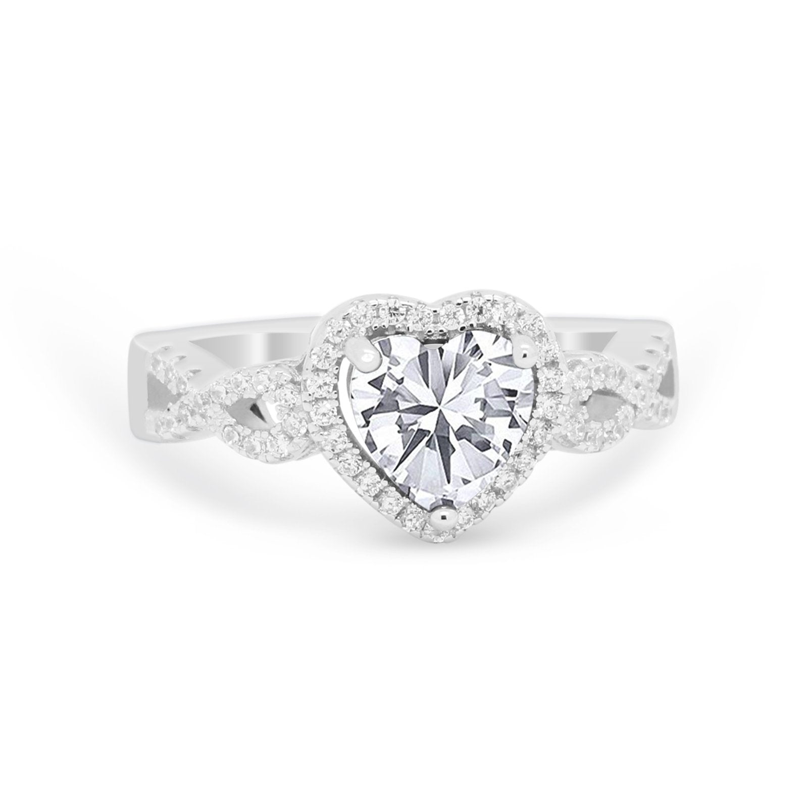 Heart Promise Ring Round Simulated Cubic Zirconia  925 Sterling Silver