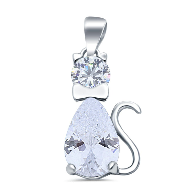Teardrop Cat Pendant Charm Pear Simulated Cubic Zirconia 925 Sterling Silver