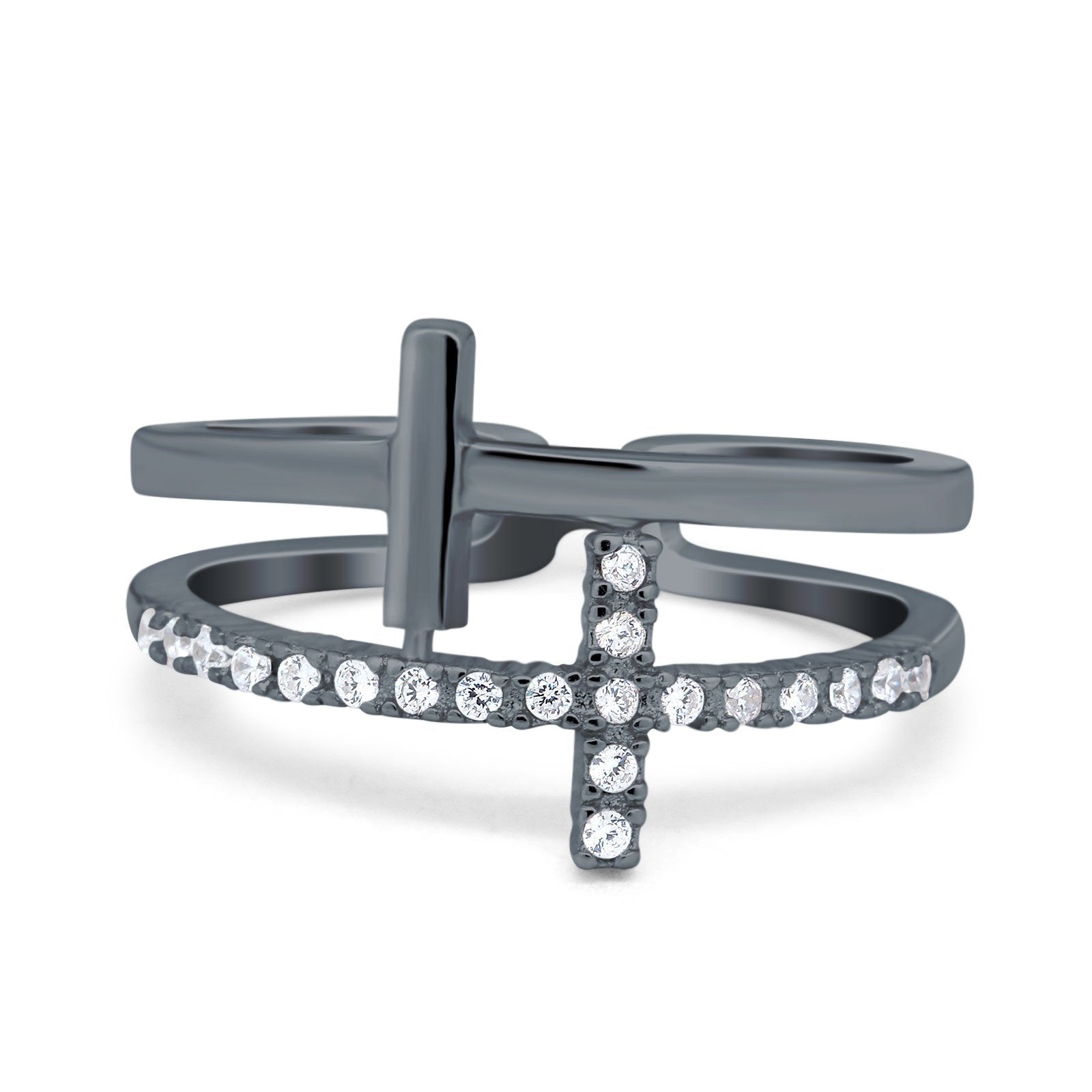 Sideways Cross Ring Round Simulated Cubic Zirconia 925 Sterling Silver