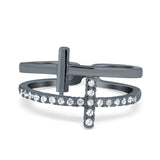 Sideways Cross Ring Round Simulated Cubic Zirconia 925 Sterling Silver